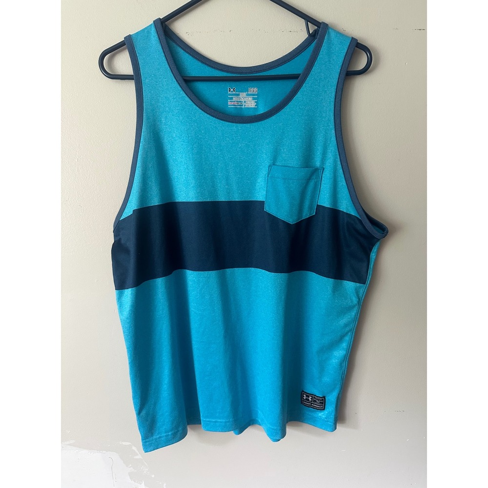 Under Armour HeatGear Mens Tank Top Large Blue Space Dye Stripe Pocket Gym Shirt